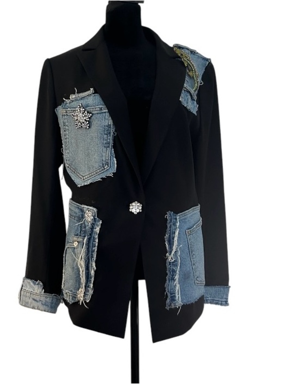 Black Blazer with Distressed Denim Patchwork - Women’s Jacket